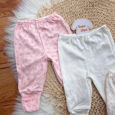 Kit 3 Calças - Libélulas, Off White e Raminhos  - Off White e Rose